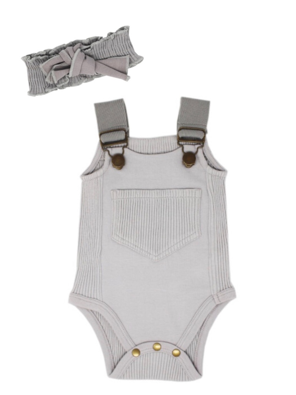 L'ovedbaby Ribbed Overalls Bodysuit with matching Headband - Light Gray-6-9m